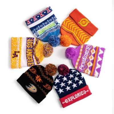 Custom Logo Adult Warm Winter Cold Hats Caps Acrylic Winter Knitted Cap Cuffed Jacquard Beanie With Pom Pom 