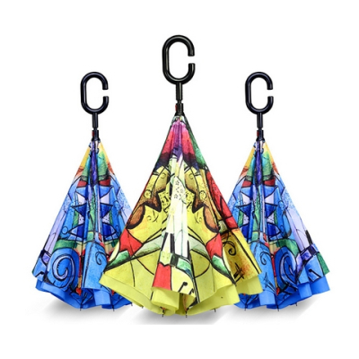Custom Wind Resistant Hands Free Inverse Inside Out C Handle Smart Reverse Upside-down Double Layer Inverted Umbrella 