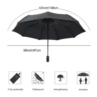 Wholesale Price High End High Quality UV Automatic Auto Close Open 21 Inch 9K Tef-Lon Black Three 3 Folding Umbrella With logo 