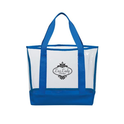 Customized Logo Ladies Clear PVC Tote Bag With Blue Handles New Fashion Design Featuring Letter Pattern 