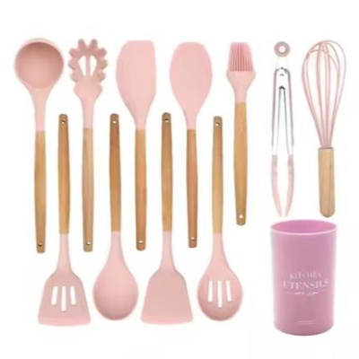 Wooden Handle Cooking Utensils Kitchen Set Durable Pink Silicone 12Pcs Kitchen Utensils Set with Holder 