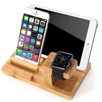 4 USB Charger Station Phone Holder for iPhone iPad Android Phone Charging Dock Station Bamboo Wood Charger Holder for IWatch 